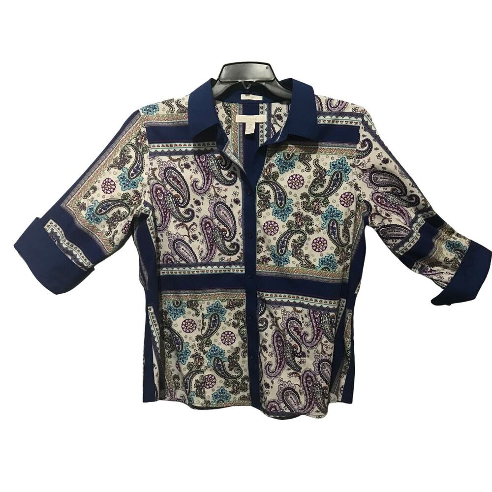 Chicos Sz 2 US Large White Royal Blue Purple Mixed Paisley Button Top Flip Cuffs